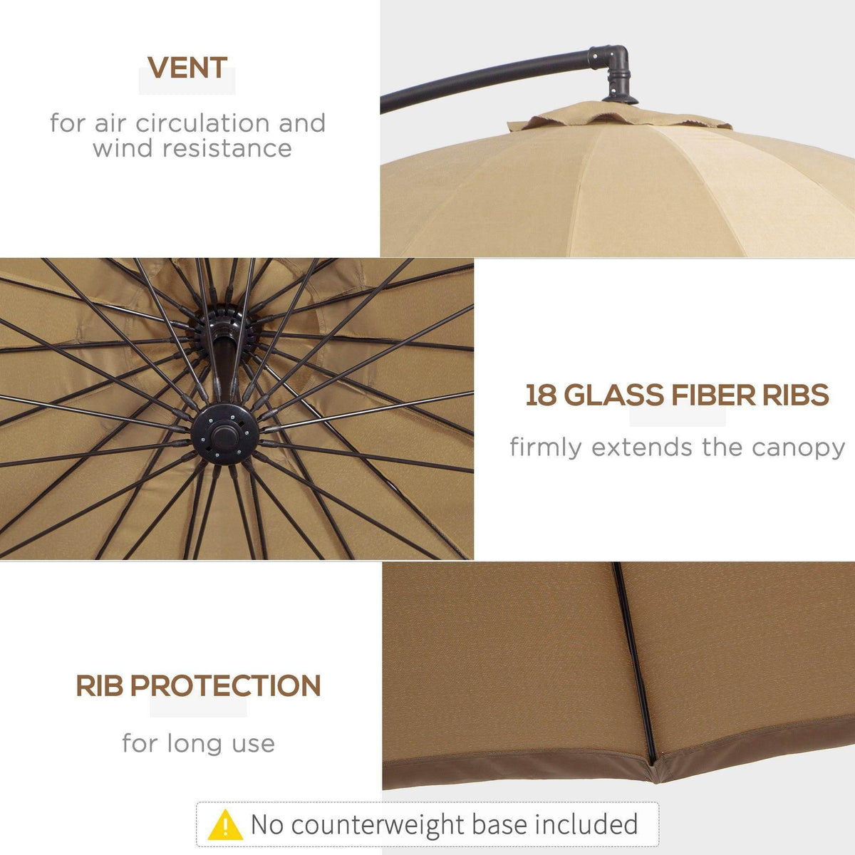 Beige cantilever sun umbrella with 18 glass-fiber ribs and vented canopy.