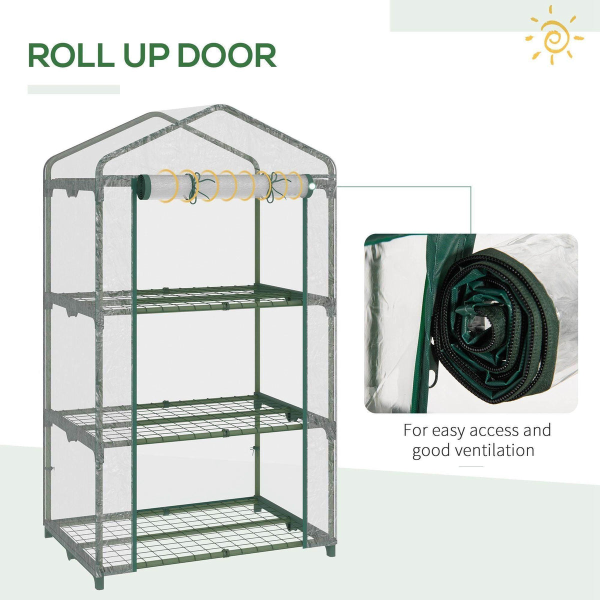 Mini greenhouse roll-up door with green zipper and clear PVC cover