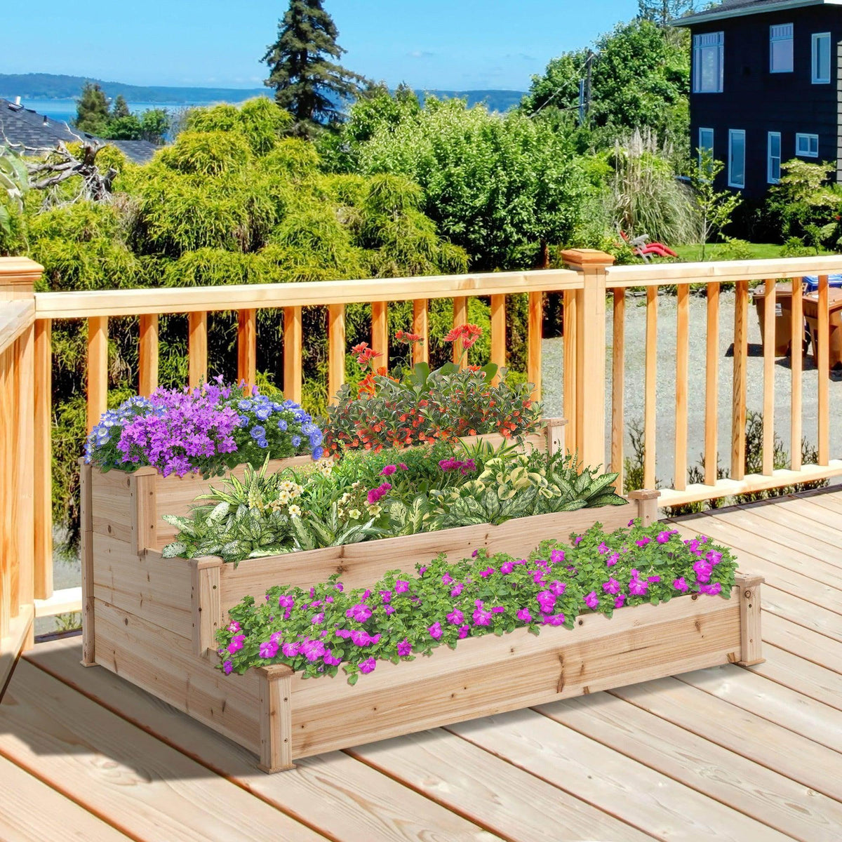 3-tier raised wooden garden bed with open planters and slatted sides