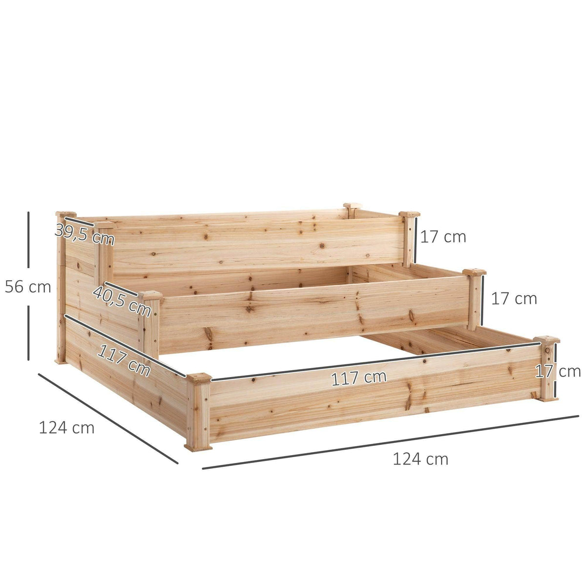 Wooden 3-tier raised garden bed with stacked frame and front dimensions view