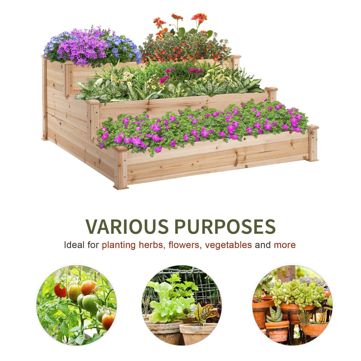 3-tier raised wooden garden bed filled with colorful flowers and herbs