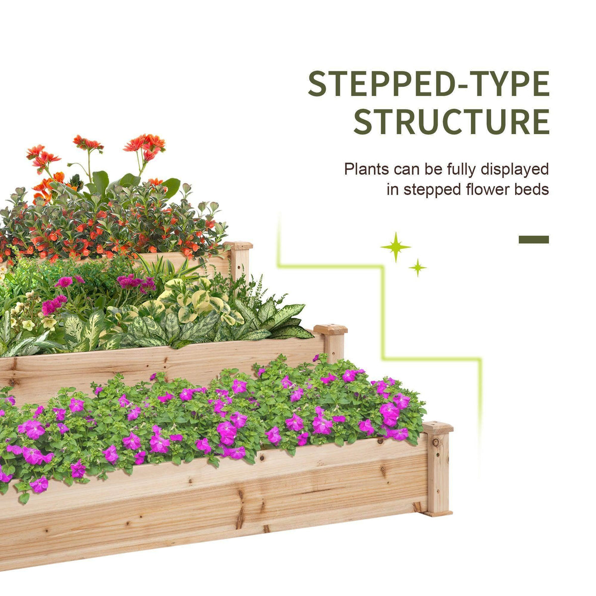 3-tier stepped raised wooden garden bed with three visible planting levels