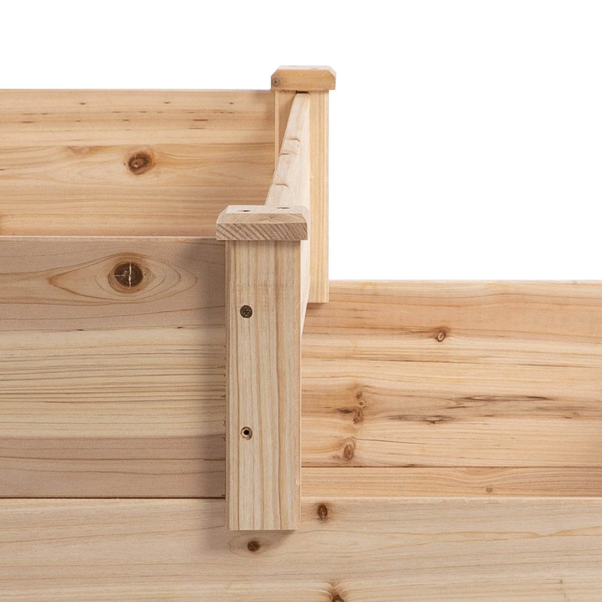 Wooden raised garden bed frame joint with corner post and metal screws