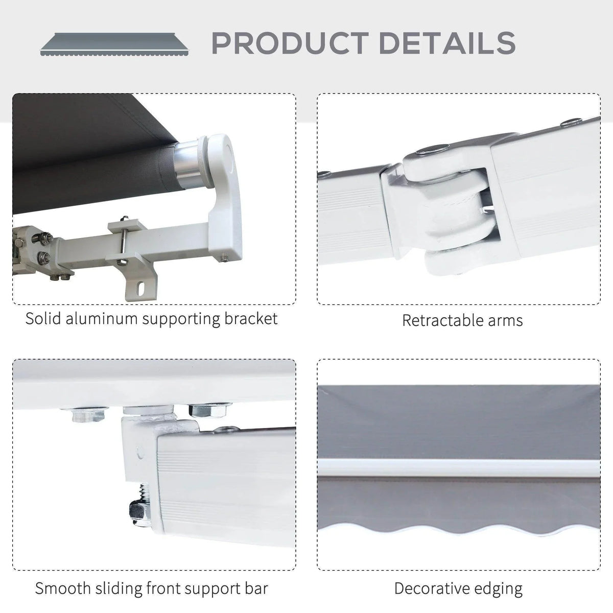 Retractable sun canopy awning hardware detail: aluminum brackets and smooth support bar
