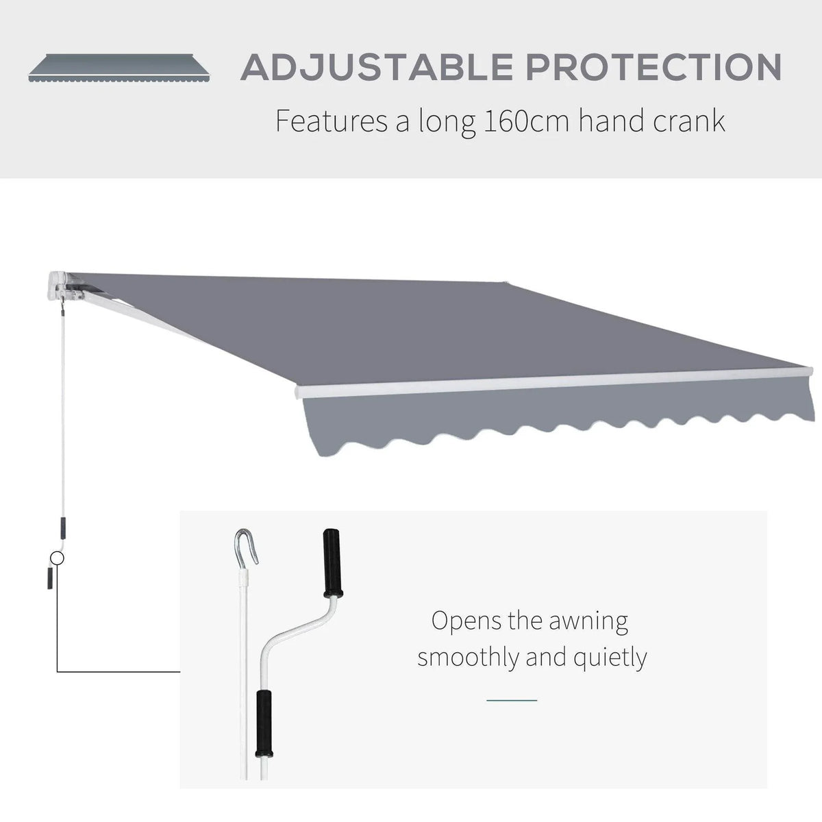 Grey retractable canopy awning with hand crank and smooth opening/adjustment mechanism