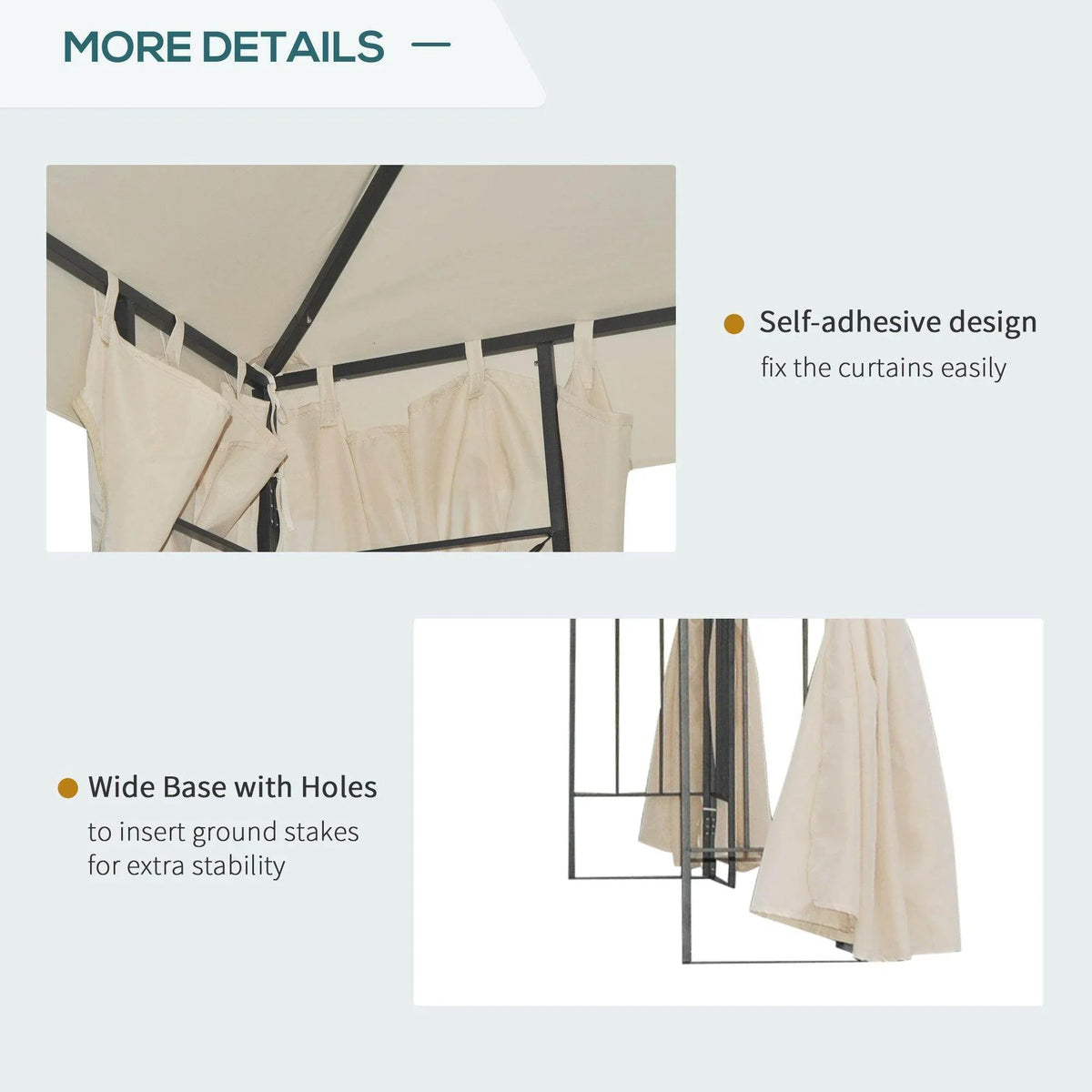 Beige gazebo tent curtains with self-adhesive tie and black metal frame details