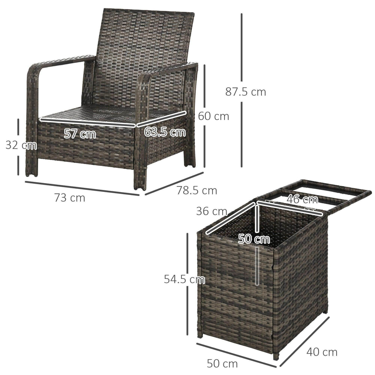 Grey rattan armchair with woven pattern and matching side table set, shown with dimensions