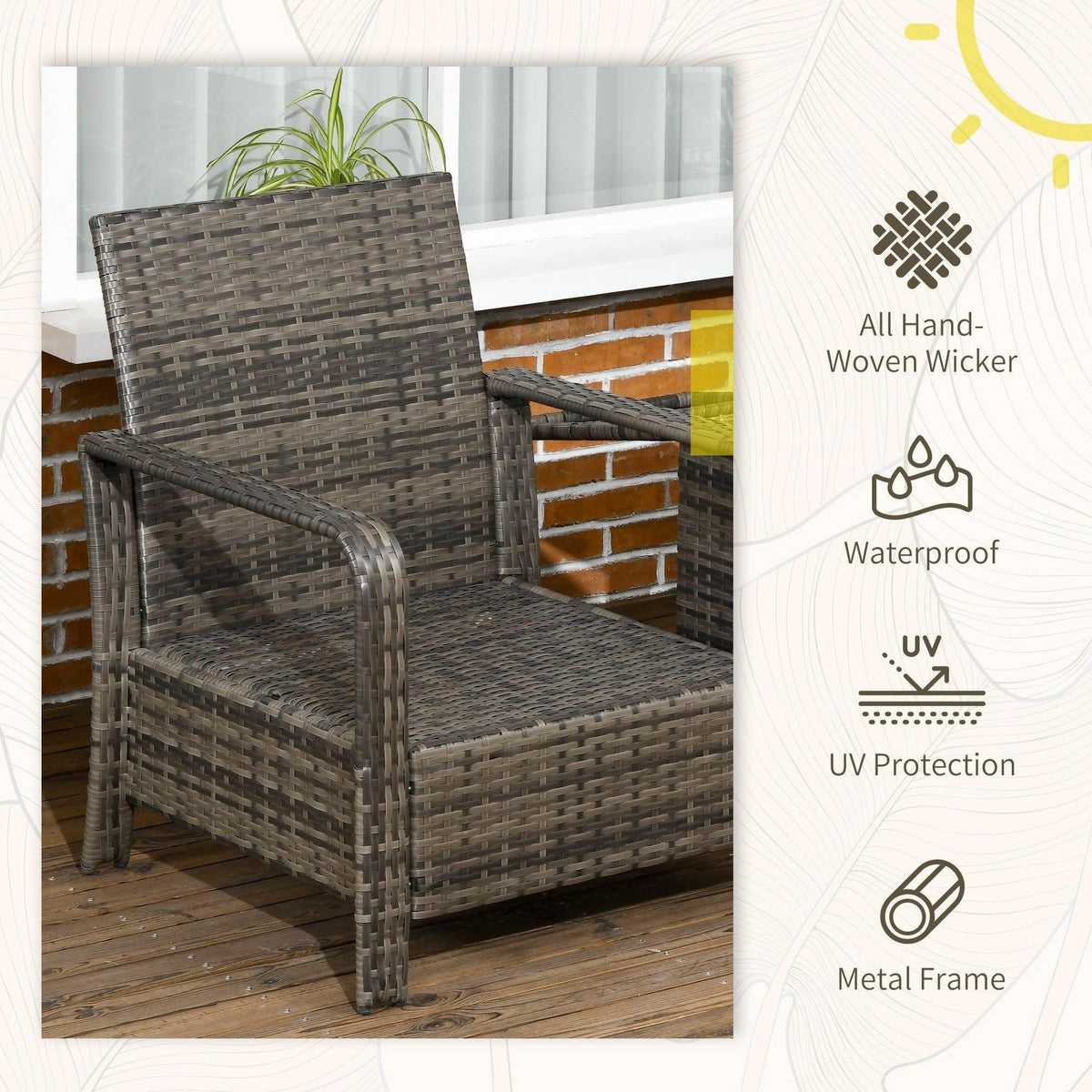 Grey woven rattan patio armchair with padded seat and back cushions, metal legs