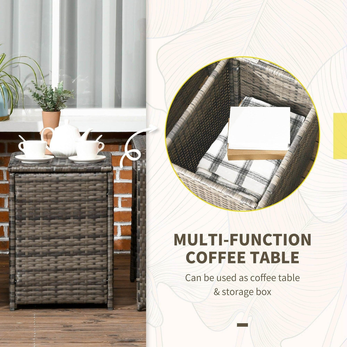 Grey wicker coffee table with hinged storage compartment and cushioned top