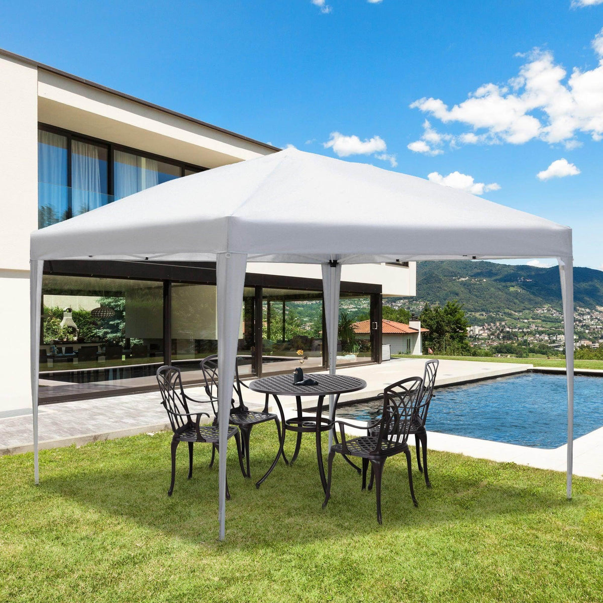 White 3x3m pop-up garden gazebo with square canopy and four tall legs, open sides.