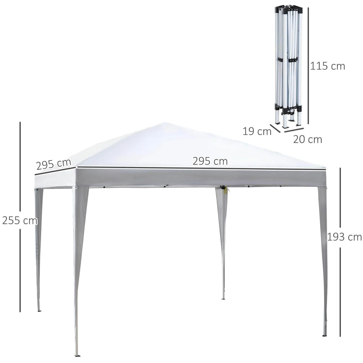 White pop-up garden gazebo frame with square roof, shown with size measurements.