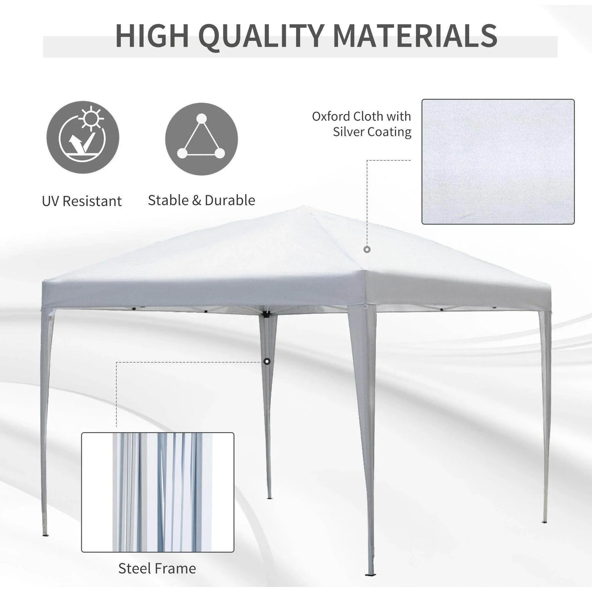 White pop-up garden gazebo with steel frame and UV-resistant oxford cloth canopy.