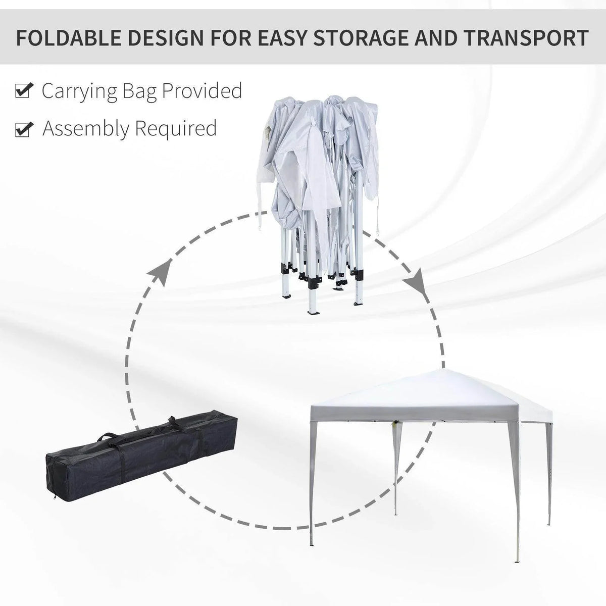 Folding white pop-up garden gazebo with carry bag, set up legs shown collapsed.