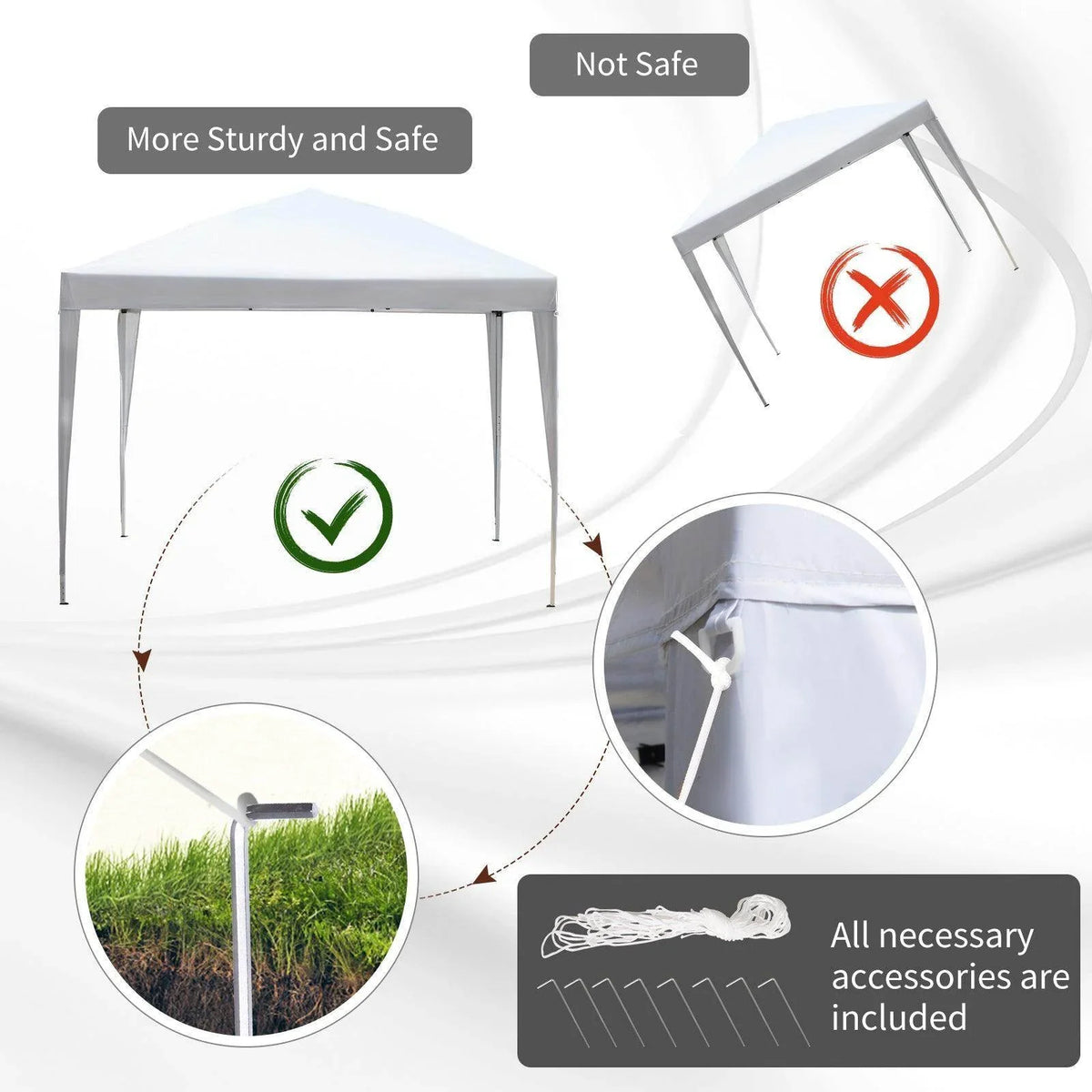 White pop-up garden gazebo with stability accessories and corner connection detail.