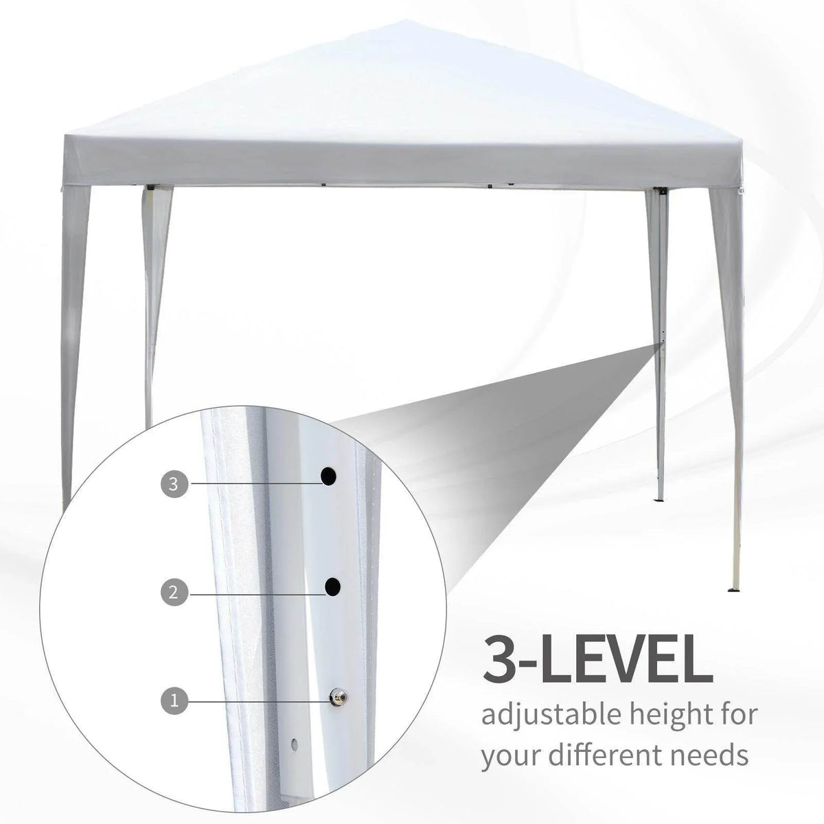 White pop-up garden gazebo with height-adjustable leg section and three level pins.