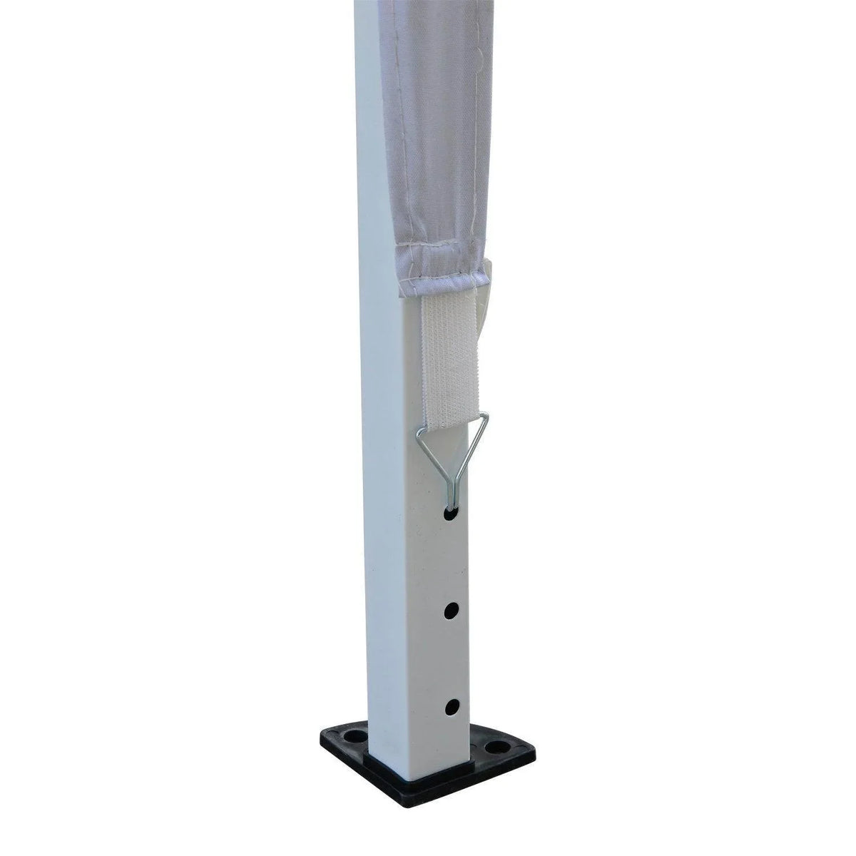 White gazebo support leg with base plate, adjustment holes, and fabric sleeve detail.