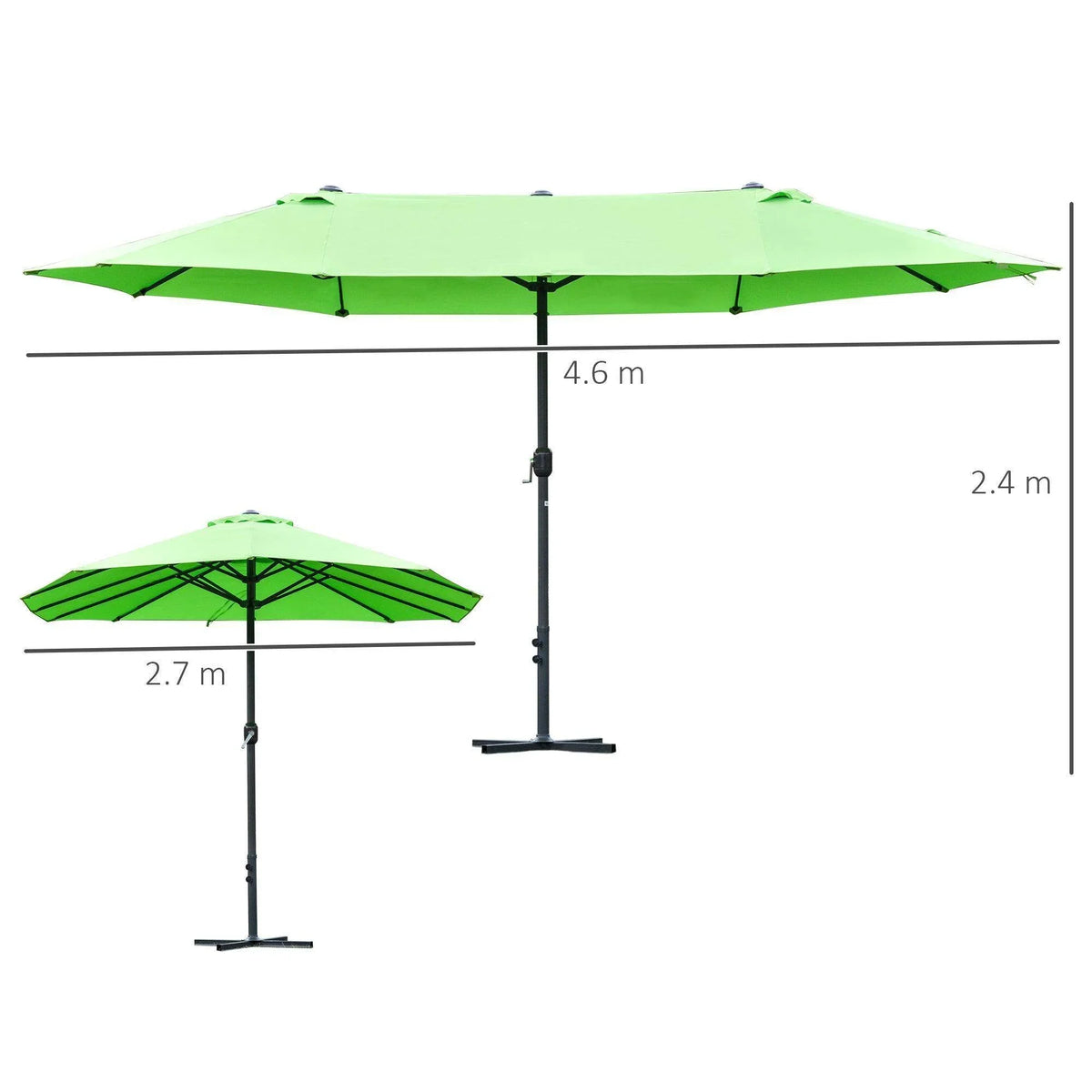 Green sun umbrella with black frame, shown with dimensions and support stand