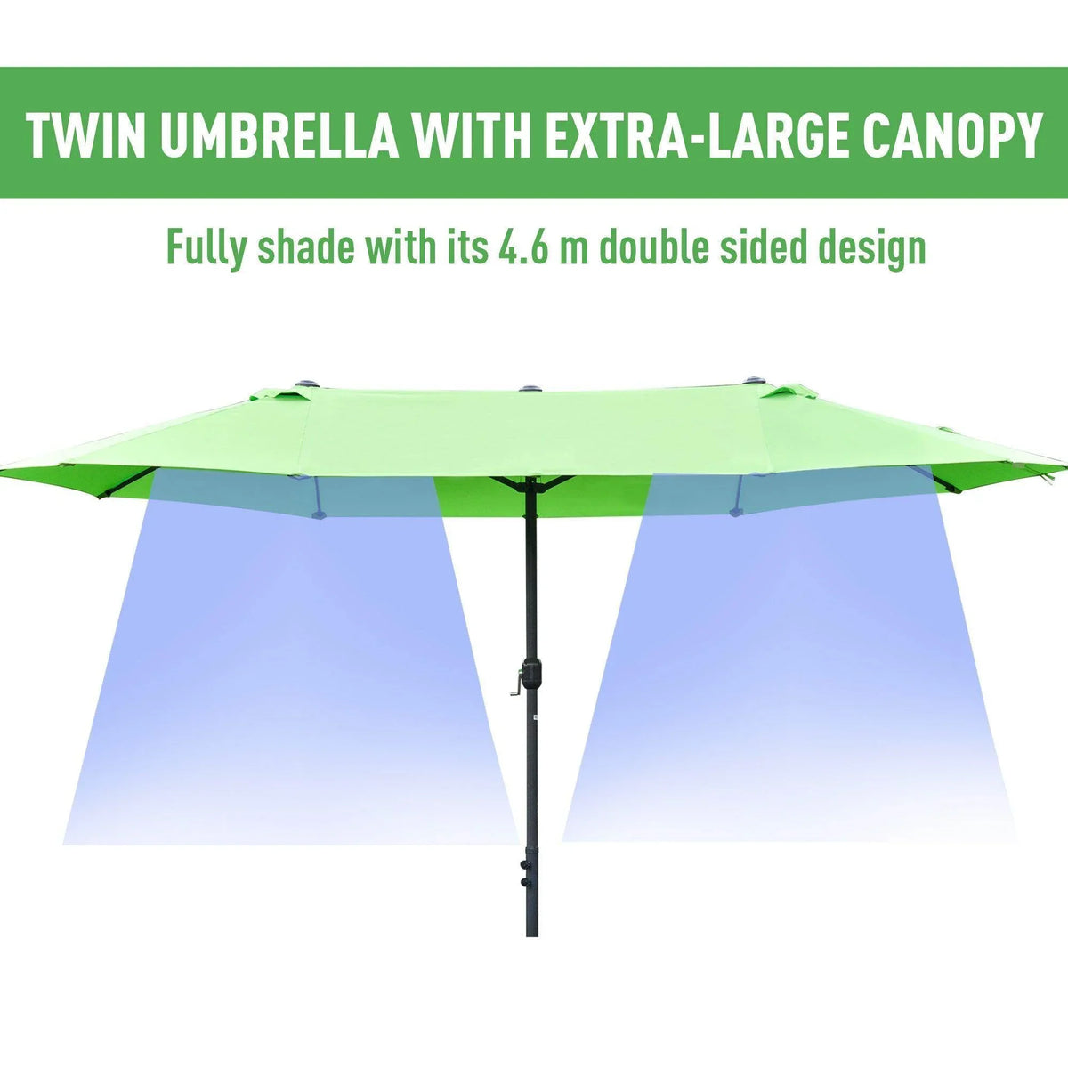 Green double-sided patio umbrella with wide canopy and central black pole