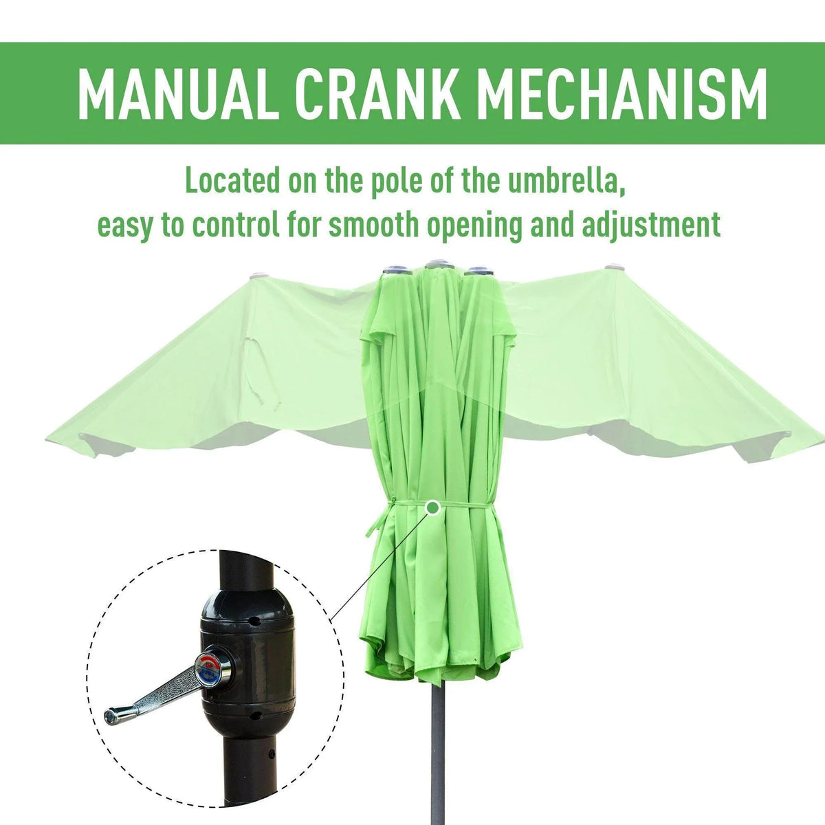 Green umbrella canopy with manual crank mechanism on the black pole