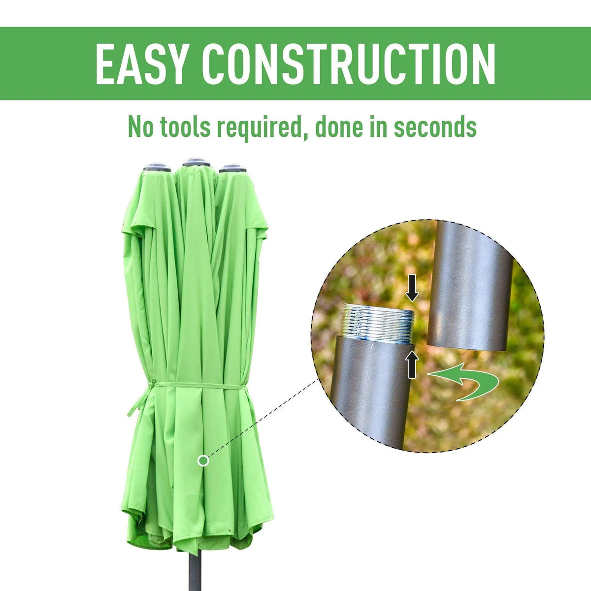 Green umbrella with folded canopy and secured strap detail for easy setup