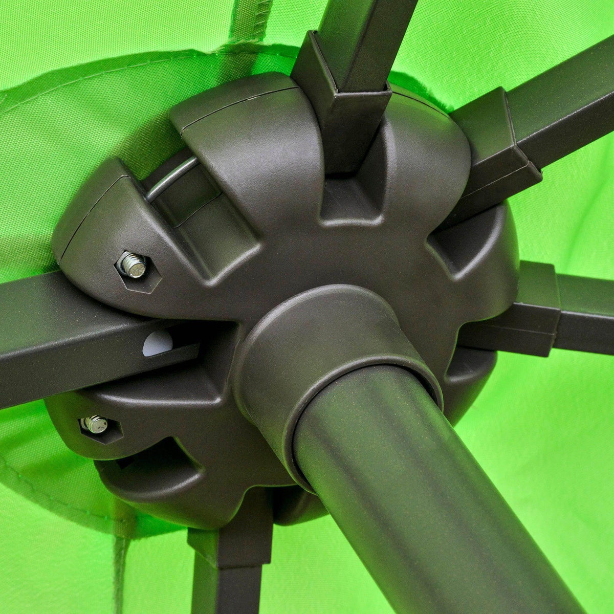 Umbrella canopy rib hub and locking brackets on the central pole