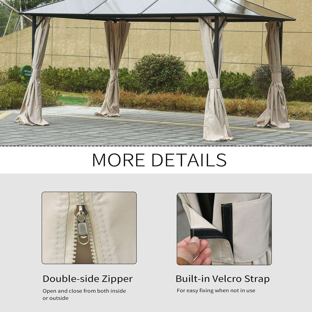 Beige gazebo sidewall curtains with double zipper and built-in Velcro strap fastening