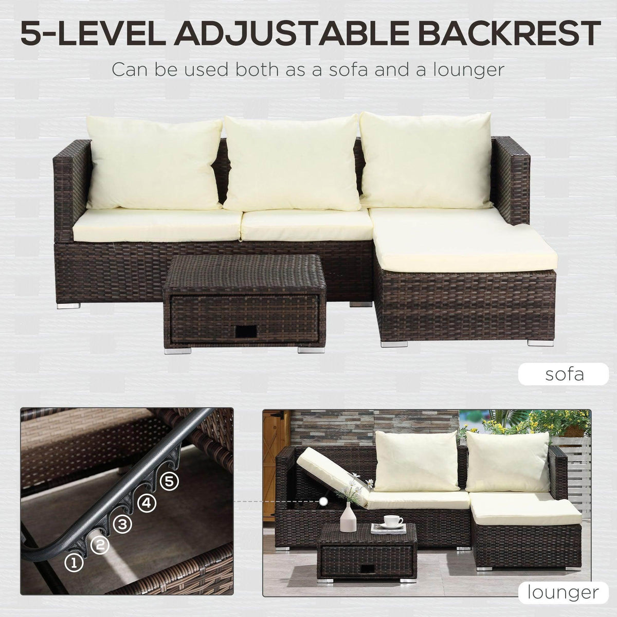Outdoor rattan sectional sofa with cream cushions, 5-level adjustable backrests, and storage table