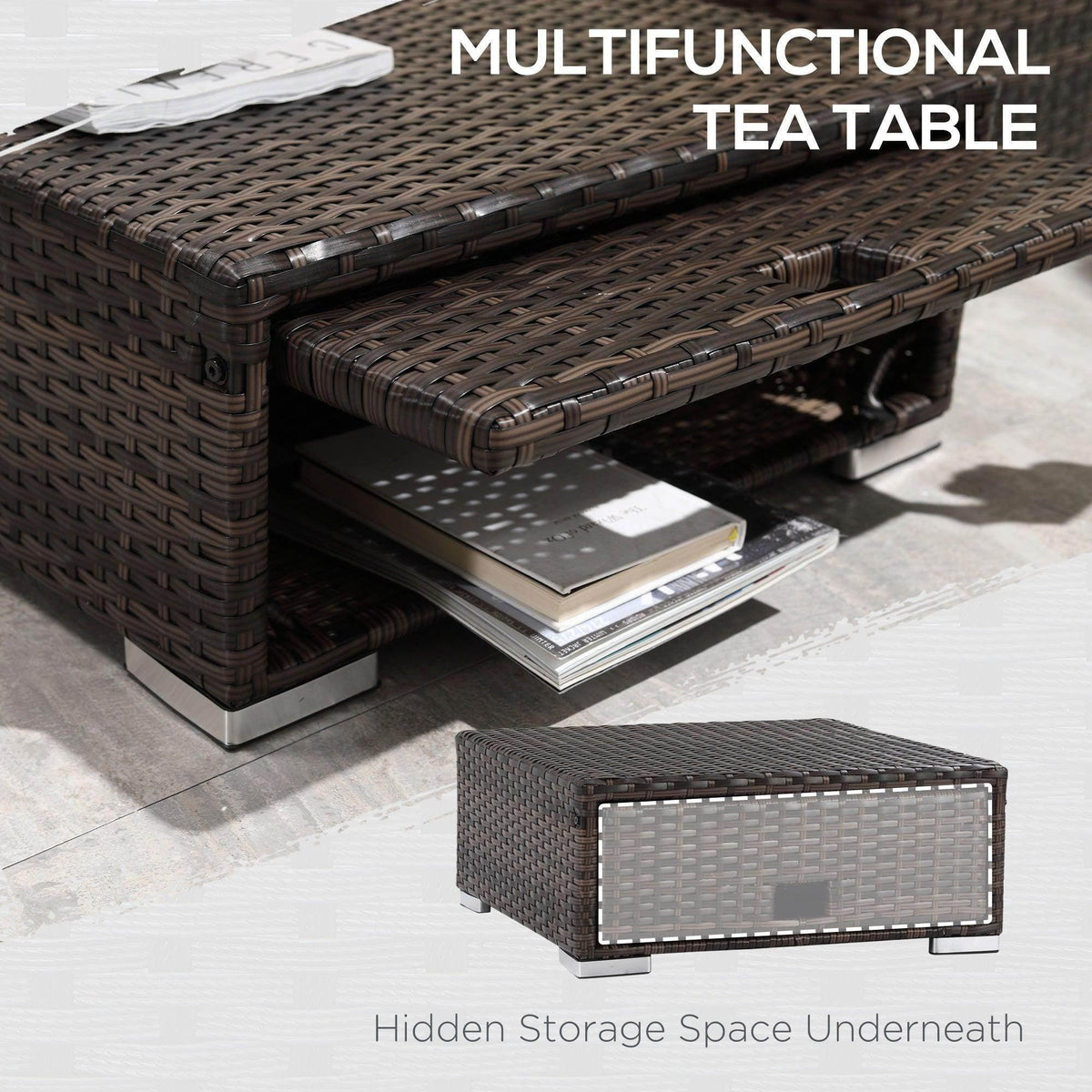 Multifunctional rattan tea table with hidden storage compartment underneath