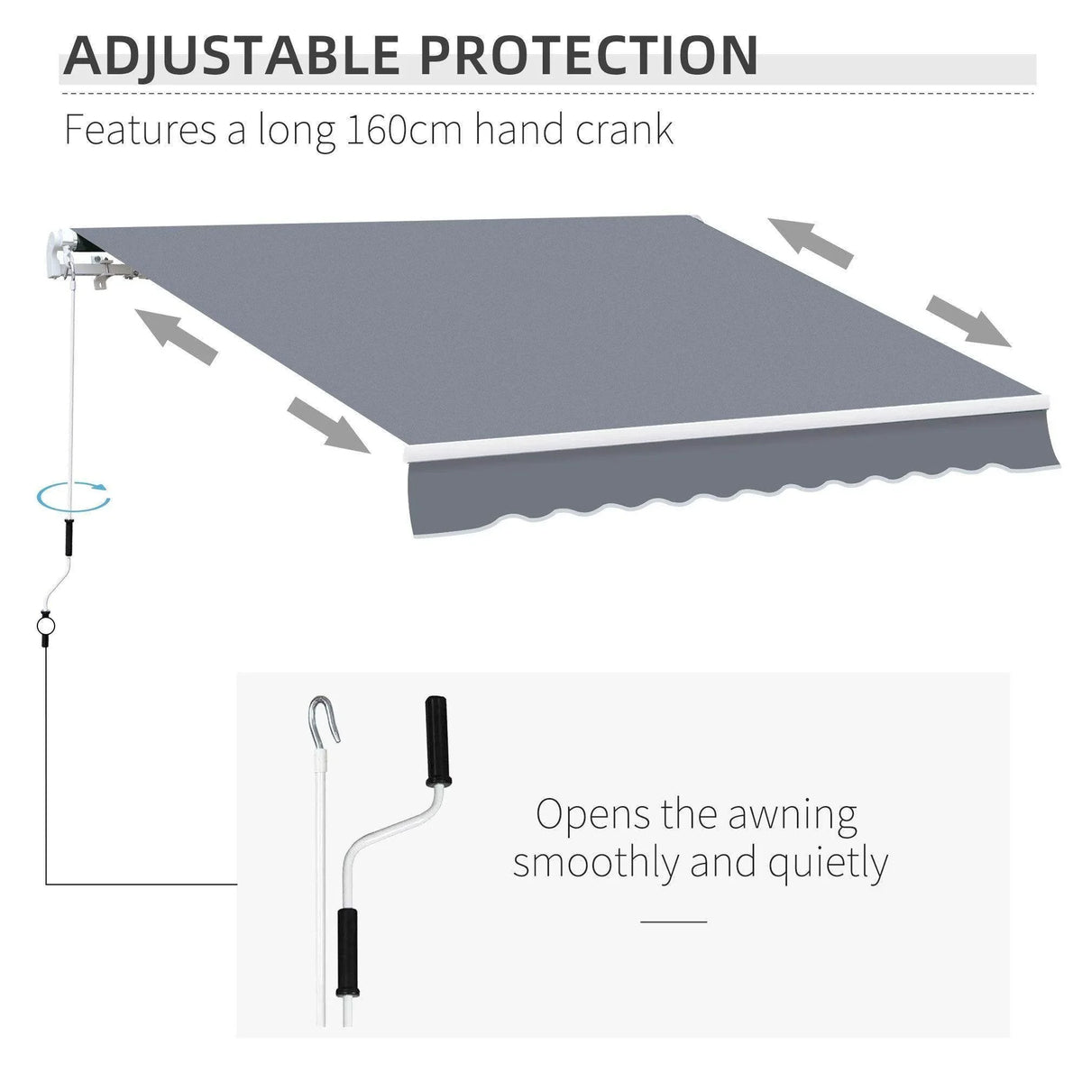 Grey outdoor awning with 160cm hand crank for adjustable sun protection, opens smoothly and quietly