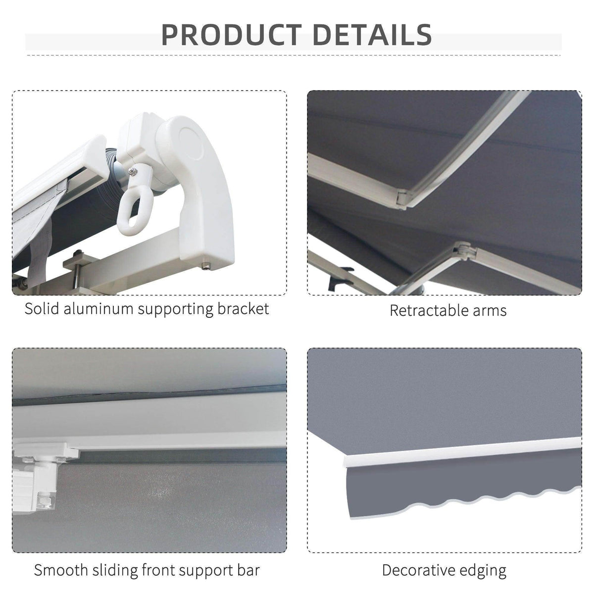 Retractable patio awning with solid aluminum bracket, smooth sliding bar & decorative edging for outdoor shade