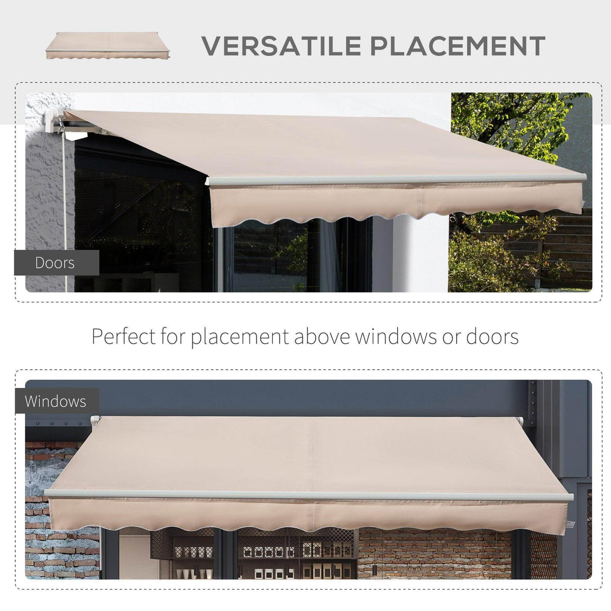 Beige retractable sun shade awning over a door area with dark support posts