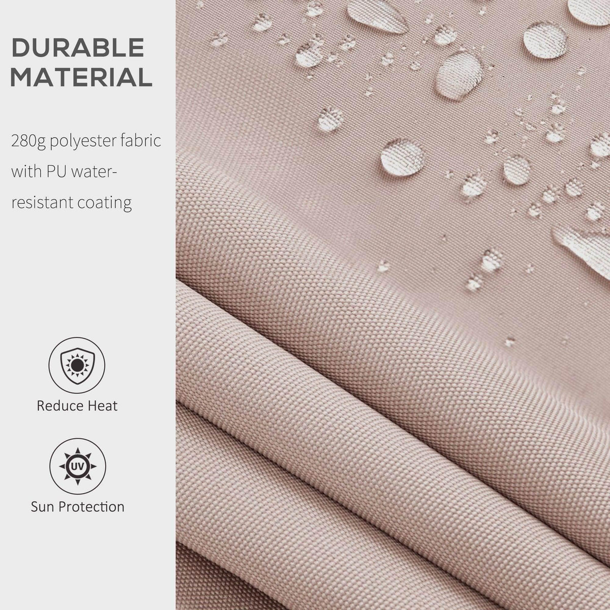 Beige awning fabric with water droplets, textured weave surface
