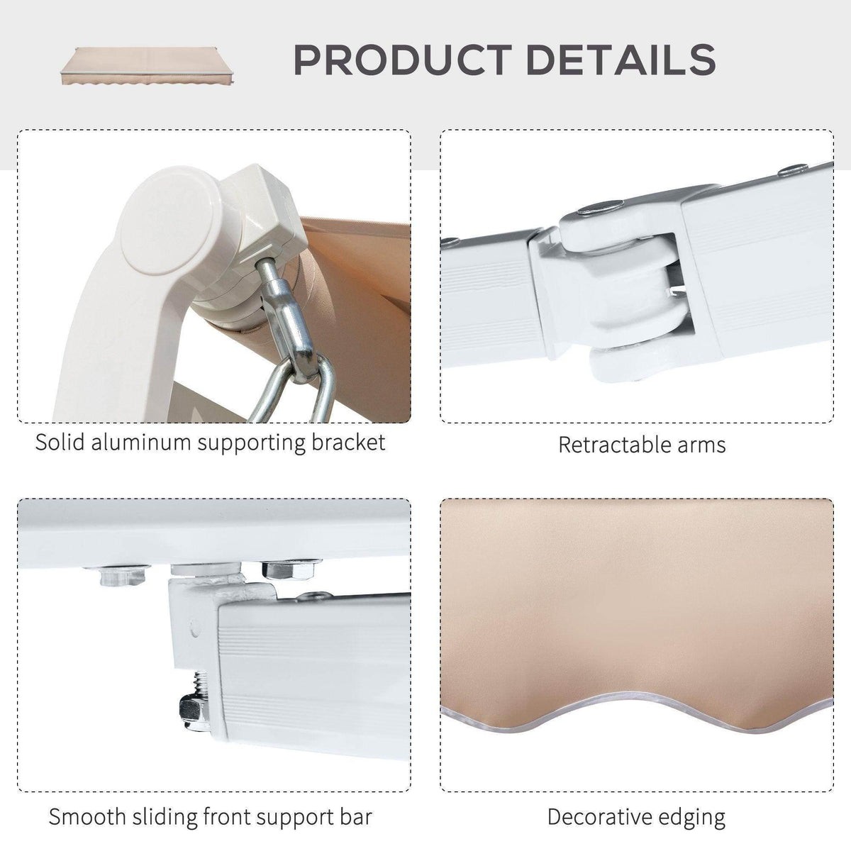 Retractable awning details: aluminum brackets, retractable arms, smooth support bar