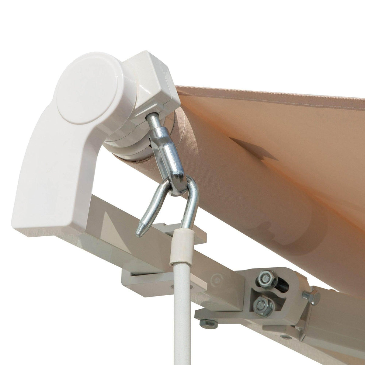 Close-up of retractable awning crank with metal arms and beige canopy edge