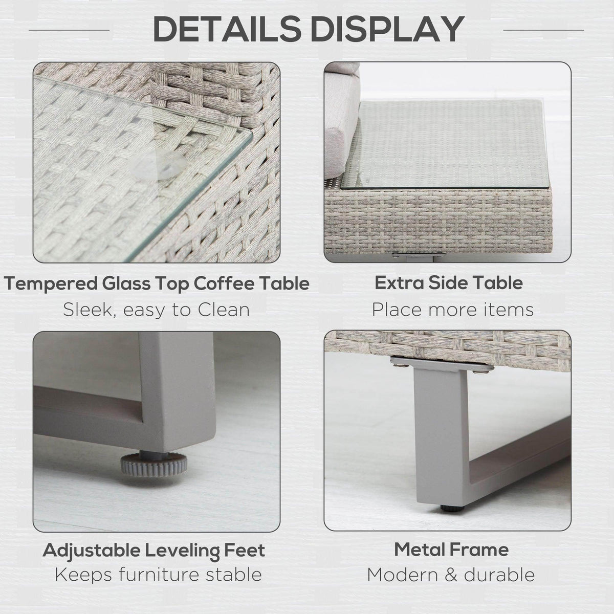 Coffee table set with tempered glass top, extra side table, metal frame, leveling feet