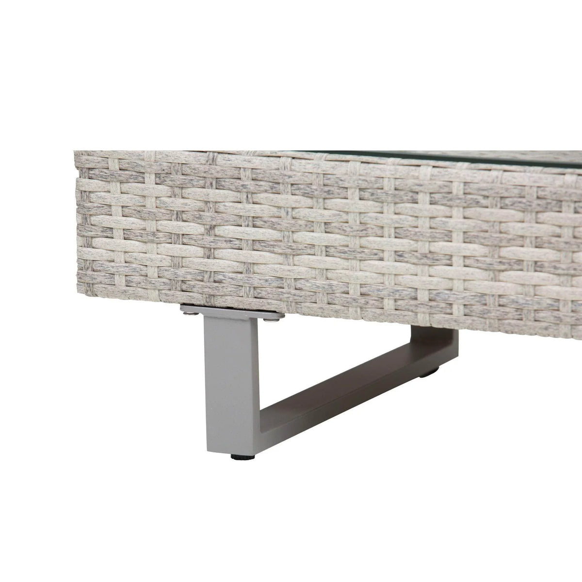 Rattan sofa side panel with gray metal support legs and woven finish