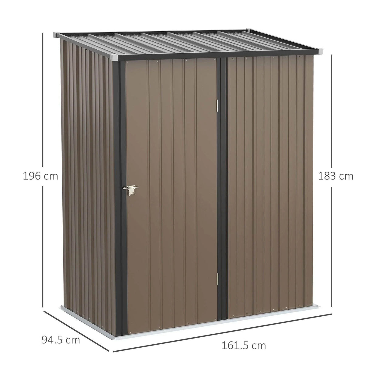 Brown metal storage shed with double doors, dark frame, and corrugated panel sides