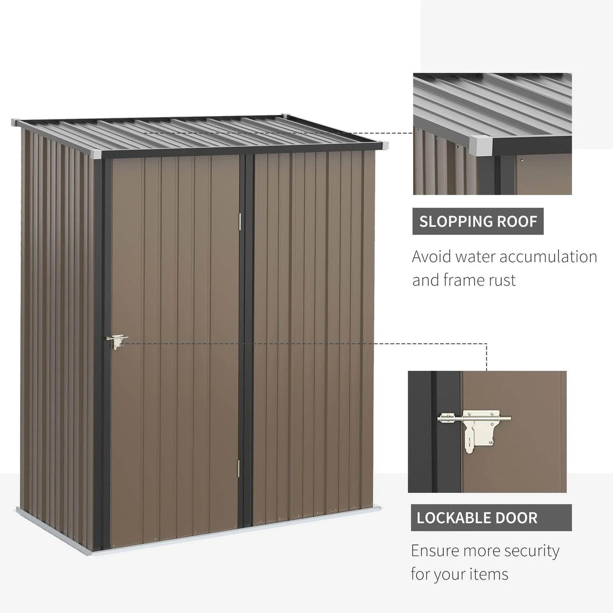 Brown storage shed with double lockable doors and corrugated sloping roof
