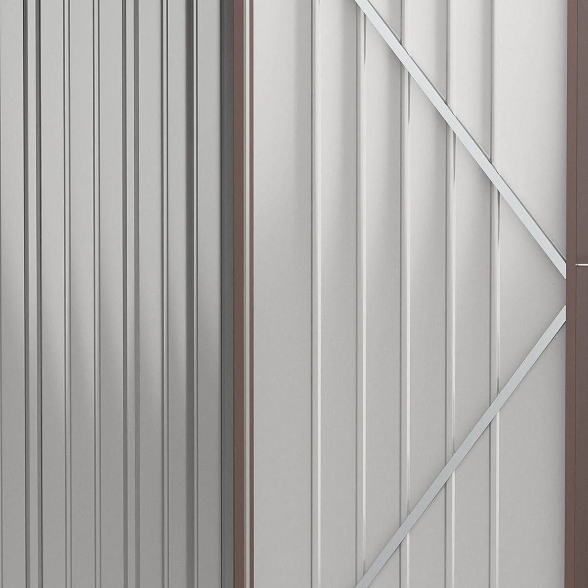 Close-up of shed door panel seam with diagonal support bar and gray frame