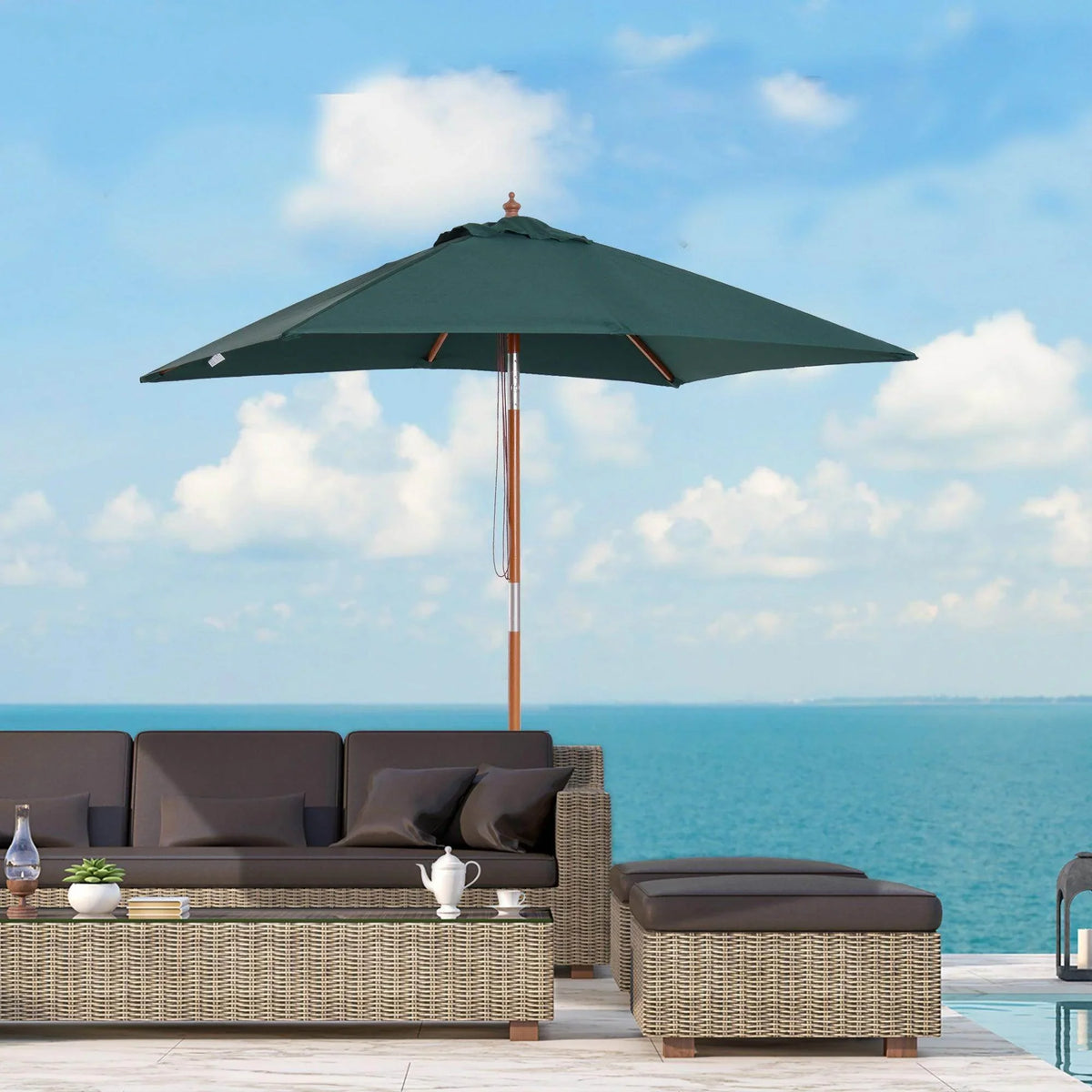 Patio umbrella with dark green canopy and brown wooden pole