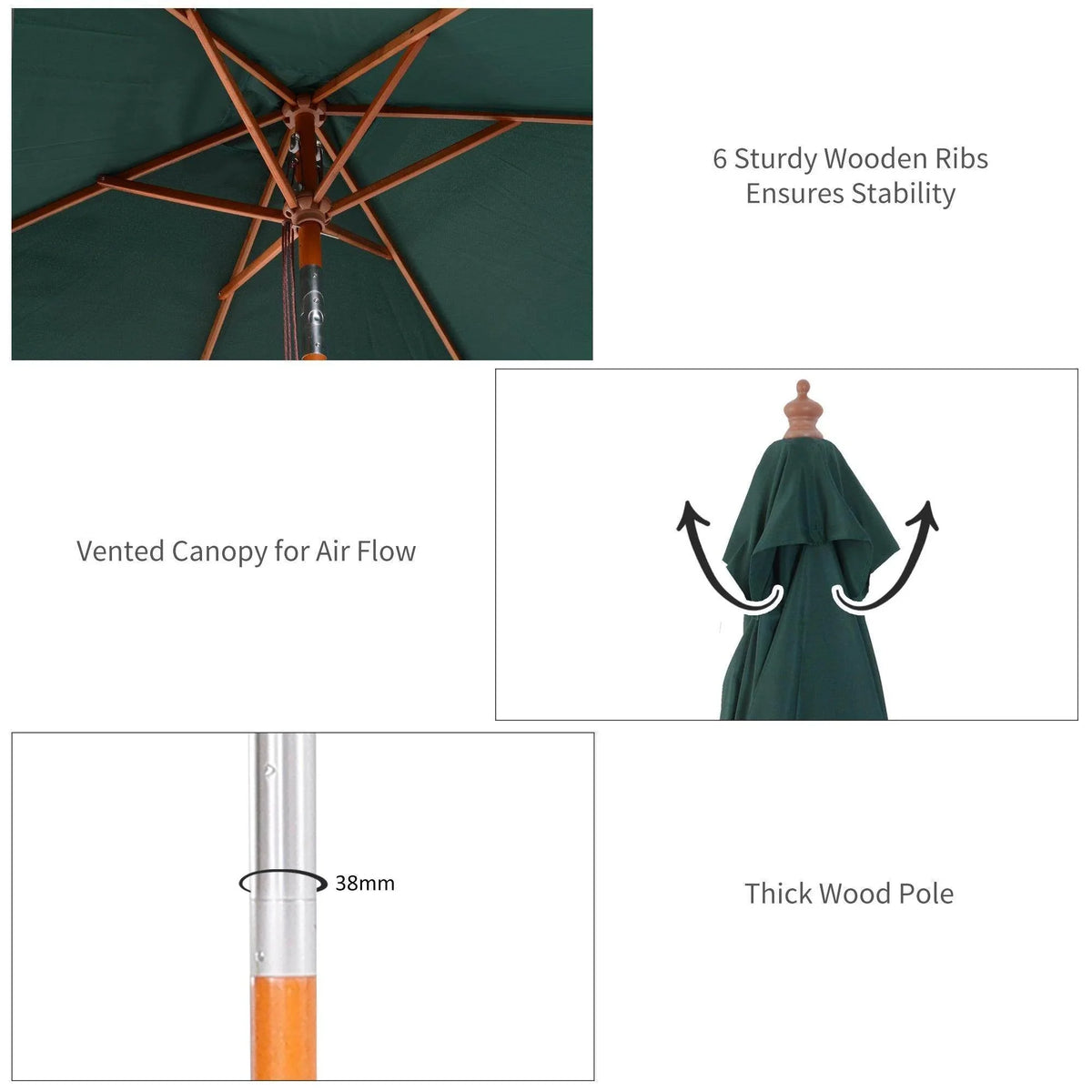 6-rib patio umbrella with vented canopy and brown wood frame