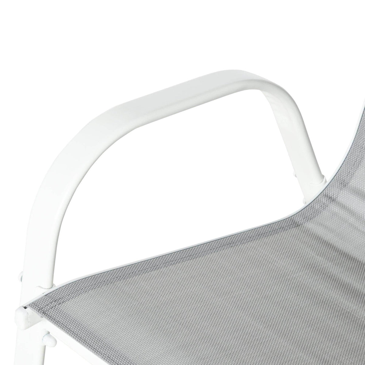 Gray mesh armchair seat with white curved armrest and back frame