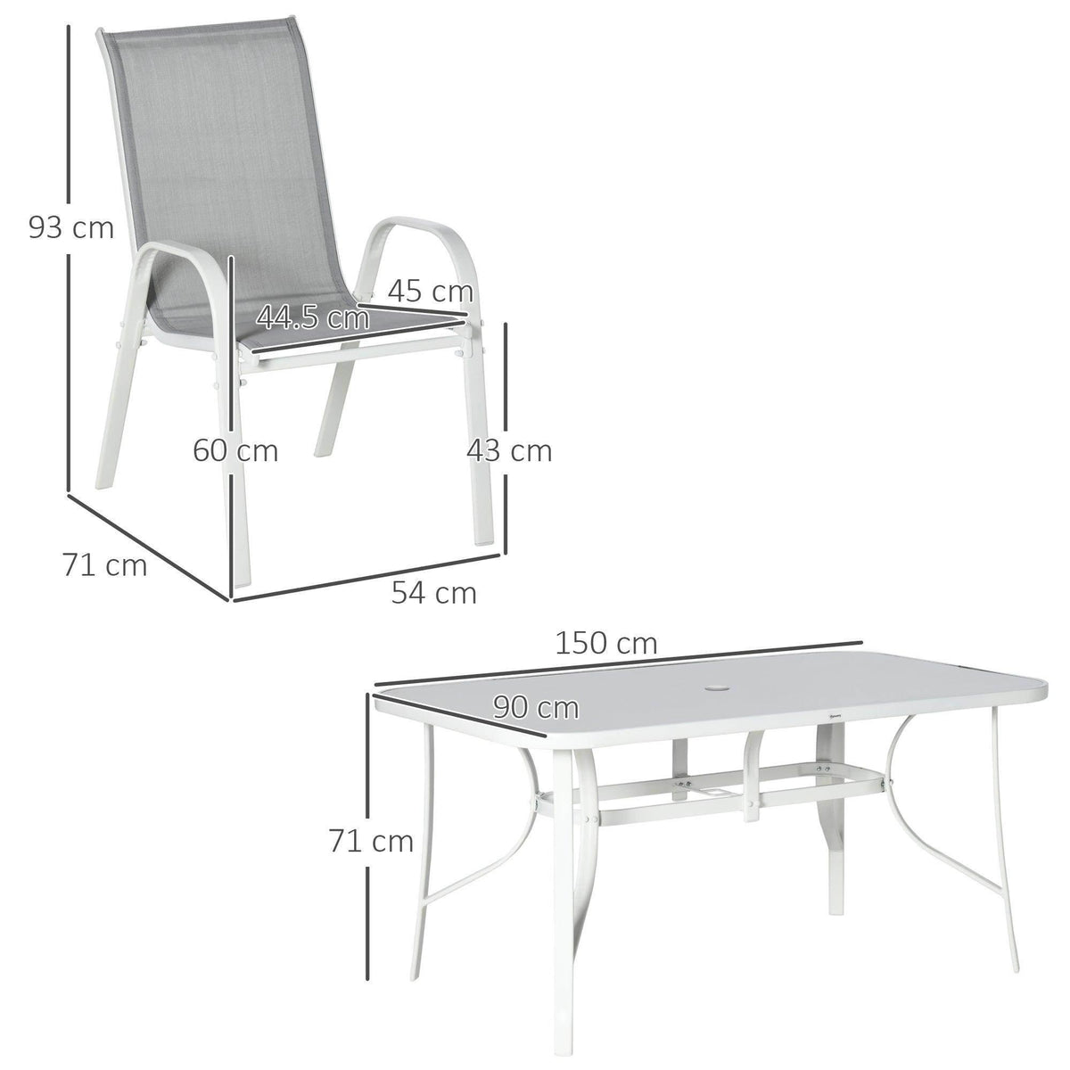 White patio dining table with armchairs, with size dimensions shown