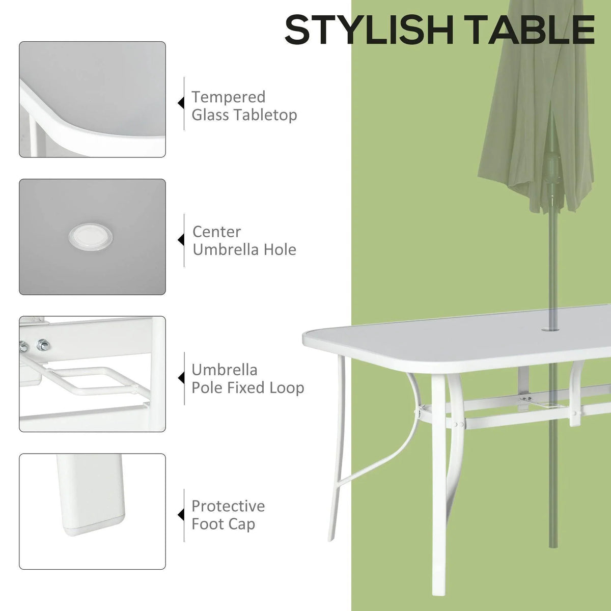 White patio dining table with tempered glass tabletop and fixed umbrella pole