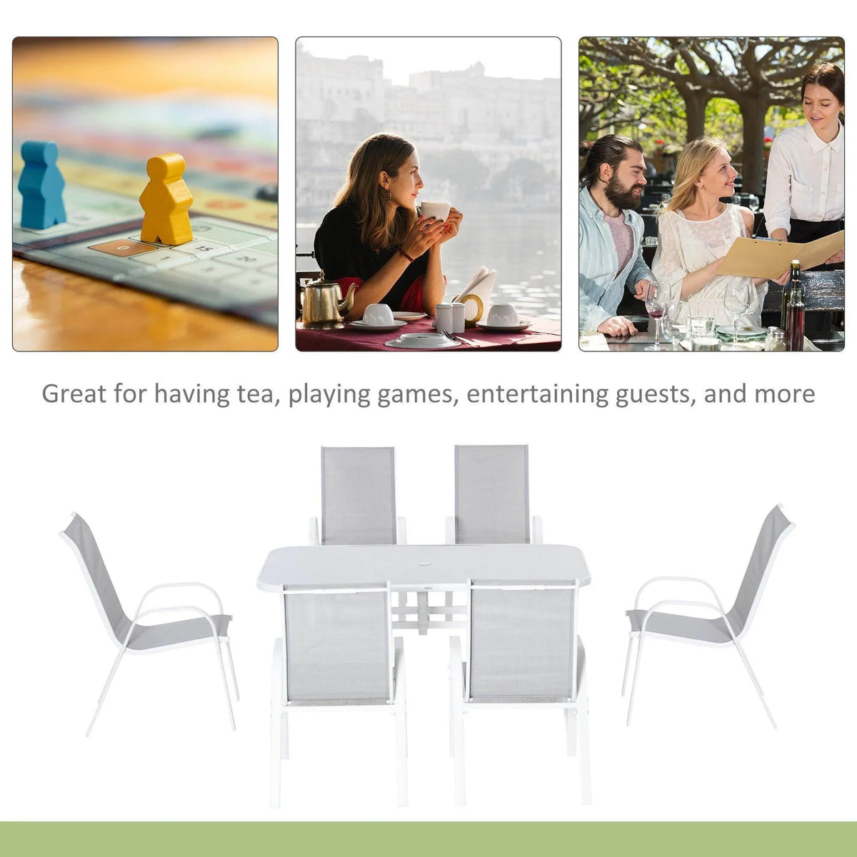 White patio dining set with table and mesh armchairs