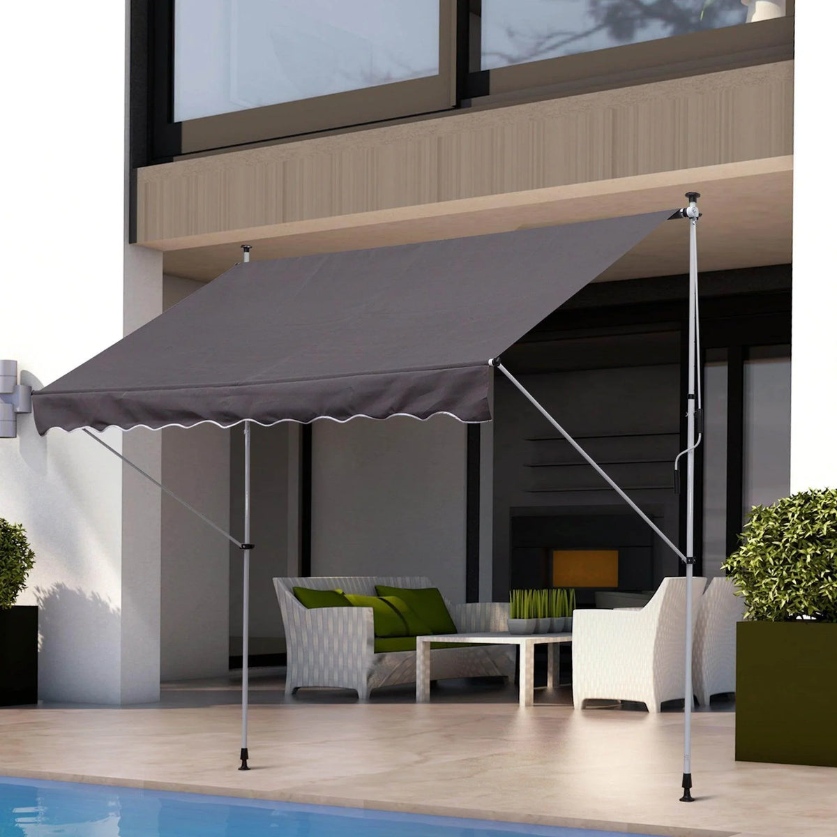 Grey outdoor shade canopy with scalloped edge and four support poles