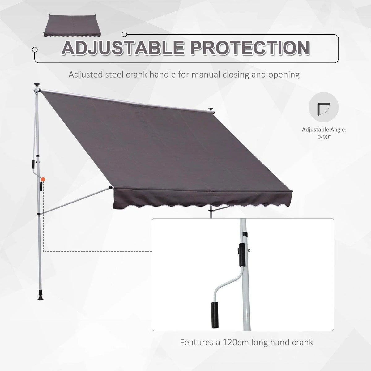 Grey adjustable shade canopy with steel crank handle and angled supports