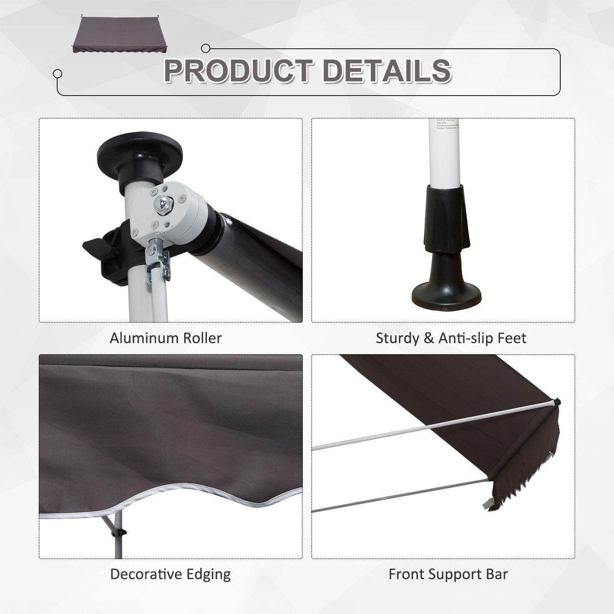 Shade canopy hardware detail: aluminum roller and anti-slip pole feet