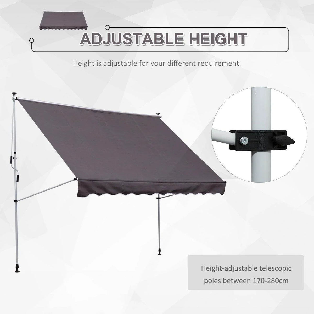 Grey shade canopy with height-adjustable telescopic poles and side braces