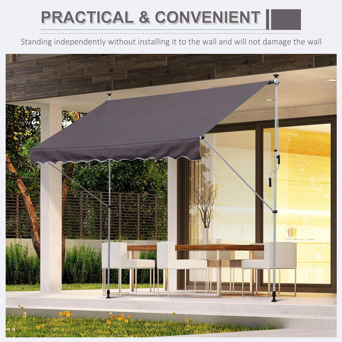 Outdoor grey shade canopy shelter with tensioned roof fabric and support frame
